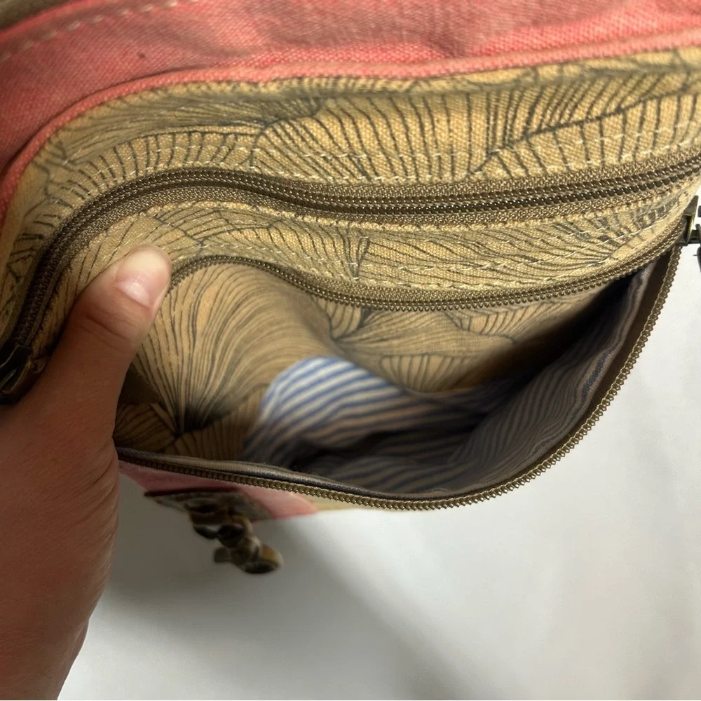 Canvas Crossbody Purse Pink Floral Handbag Tan Zipper Boho